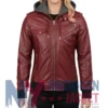 Women’s Burgandy with Leather Hood Removable Jacket
