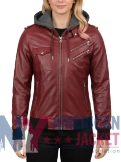 Women’s Burgandy with Leather Hood Removable Jacket