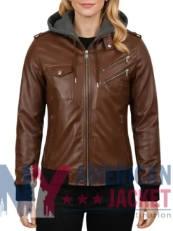 Women’s Coffee Brown with Leather Hood Removable Jacket