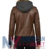 Women’s Coffee Brown with Leather Removable Hood Jacket