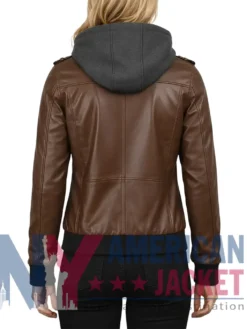 Women’s Coffee Brown with Leather Removable Hood Jacket