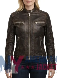 Women's Distressed Brown Leather Motorcycle Jacket