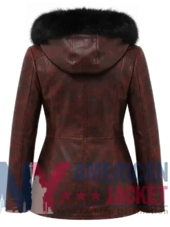 Women's Distressed Maroon Fur Hooded Leather Jacket