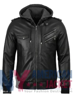 Women's Leather Black with Removable Hood Jacket