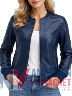 Women's Leather Blue Bomber Jacket