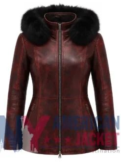 Women's Maroon Distressed Fur Hooded Leather Jacket