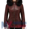 Women's Maroon Fur Distressed Hooded Leather Jacket