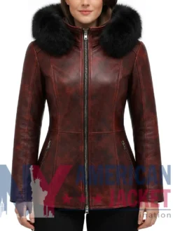 Women's Maroon Fur Distressed Hooded Leather Jacket