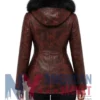 Women's Maroon Fur Distressed Leather Hooded Jacket