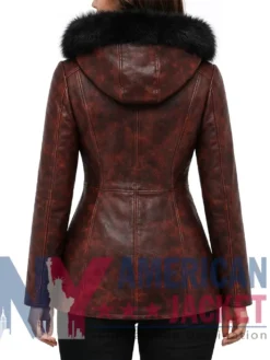 Women's Maroon Fur Distressed Leather Hooded Jacket