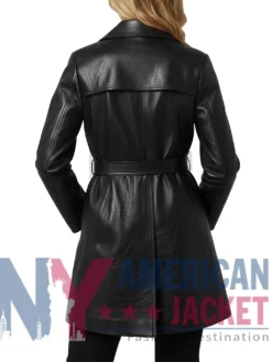 Women's Mid Length Leather Black Trench Coat
