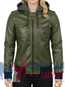 Women’s Olive with Leather Hood Removable Jacket