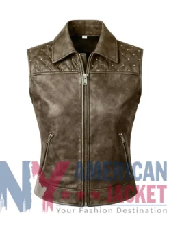 Women’s Quilted Shoulder Leather Studded Vest