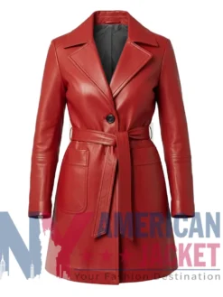 Women's Red Leather Real Trench Coat