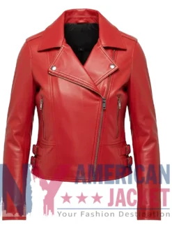 Women's Red Leather Slimfit Zip-Up Motorcycle Jacket