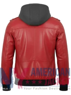 Women’s Red with Hood Leather Removable Jacket