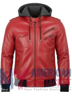 Women’s Red with Leather Hood Removable Jacket