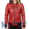 Women’s Red with Leather Removable Hood Jacket