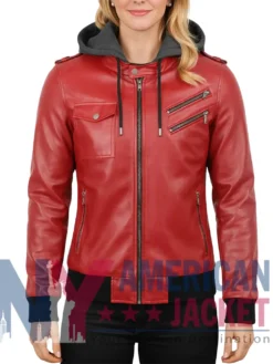 Women’s Red with Leather Removable Hood Jacket