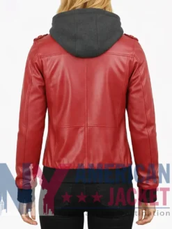 Women’s Red with Removable Hood Leather Jacket