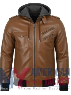 Women’s Removable Brown with Hood Leather Jacket