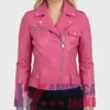 Women’s Slimfit Pink Leather Biker Jacket Front