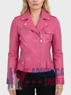 Women’s Slimfit Pink Leather Biker Jacket Front