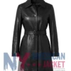 Women's Trench Mid Length Black Leather Coat