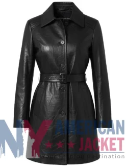 Women's Trench Mid Length Black Leather Coat