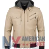 Women’s with Beige Leather Hood Removable Jacket
