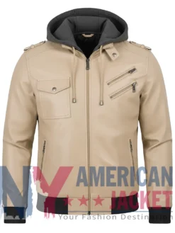 Women’s with Beige Leather Hood Removable Jacket