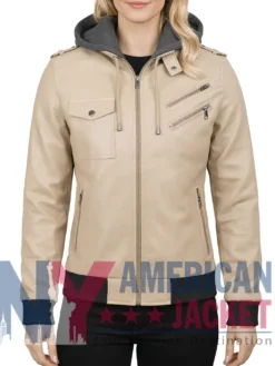 Women’s with Removable Beige Leather Hood Jacket