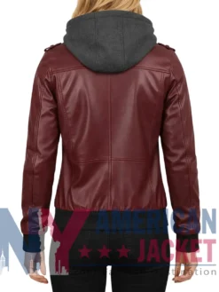 Women’s with Removable Leather Hood Burgandy Jacket