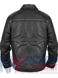Back view of VIVET Signature Leather Jacket featuring sleek black leather design and full sleeves