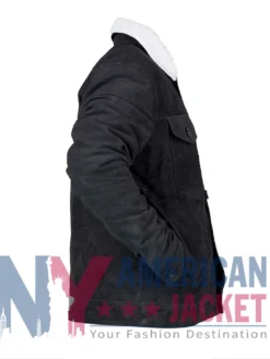 Black Suede Trucker Jacket With Sherpa Collar
