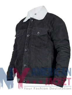 Black Suede With Sherpa Collar Trucker Jacket