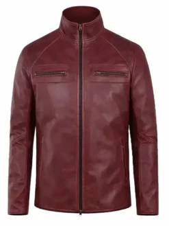 Burgundy Leather Cafe Racer Jacket