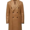 Camel Double-Breasted Trench Leather Coat