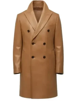 Camel Double-Breasted Trench Leather Coat