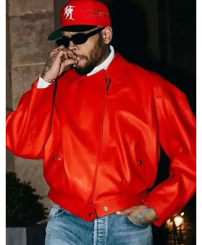 Chris Brown 2026 Red Leather Jacket