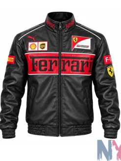 Ferrari F1 Racing Black Leather Biker Bomber Jacket