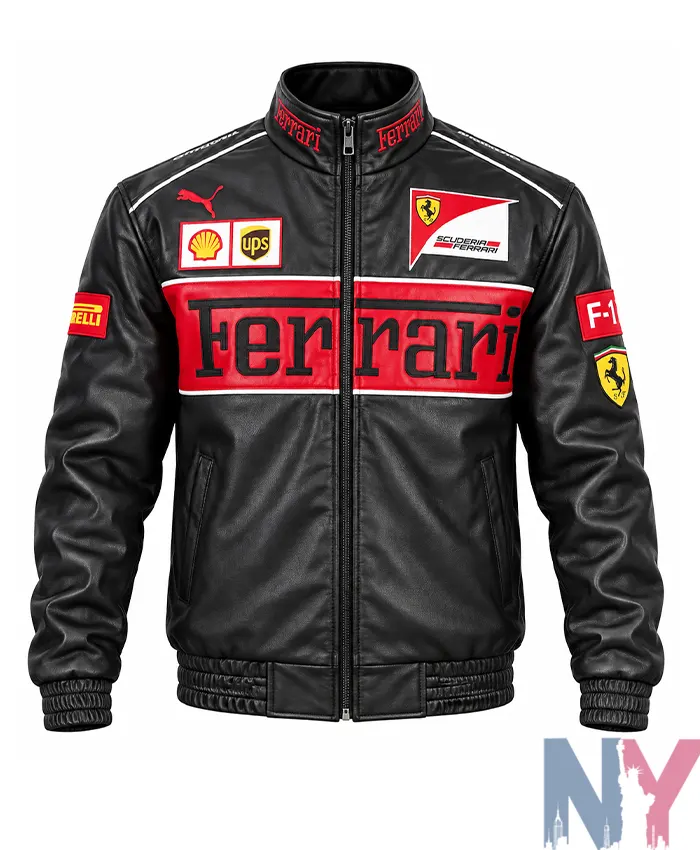 Ferrari F1 Racing Black Leather Biker Bomber Jacket
