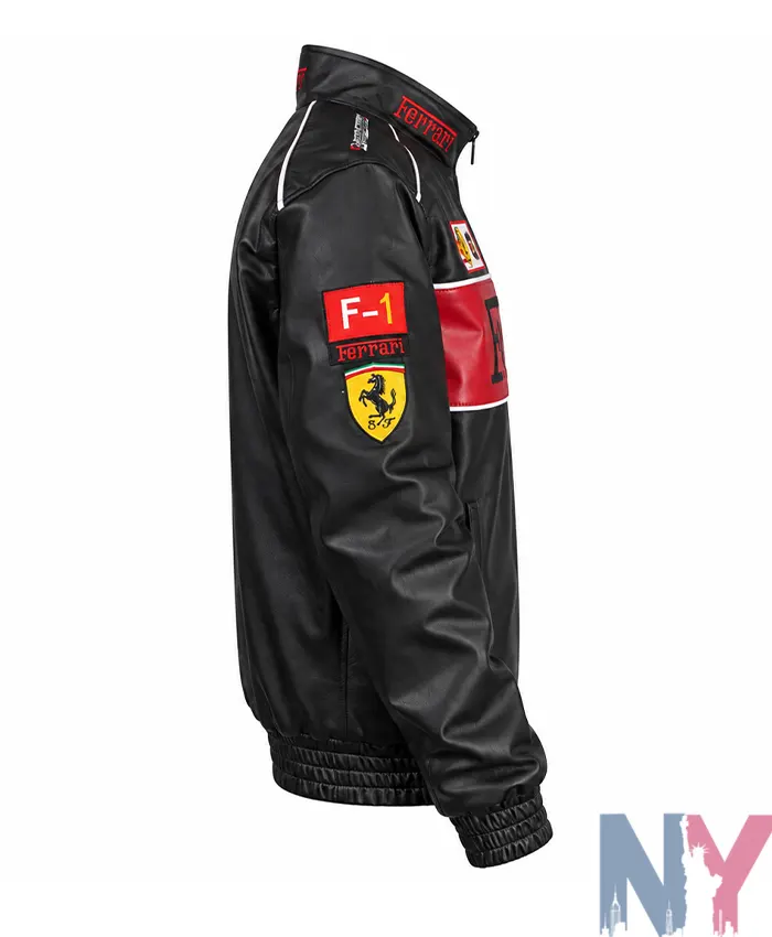 Ferrari Formula 1 Racing Black Leather Full Zip Up Jacket Side View