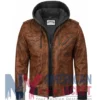 Men’s Brown Leather with Removable Hood Jacket