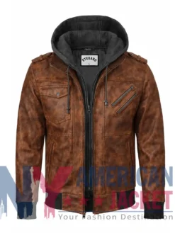 Men’s Brown Leather with Removable Hood Jacket