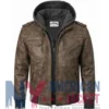 Men’s Coffee Brown Leather with Removable Hood Jacket