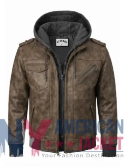 Men’s Coffee Brown Leather with Removable Hood Jacket
