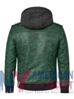 Men’s Green Leather with Removable Hood Jacket