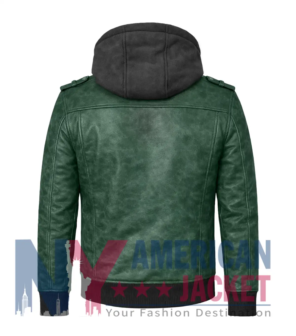 Men’s Green Leather with Removable Hood Jacket