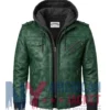 Men’s Green with Removable Hood Leather Jacket